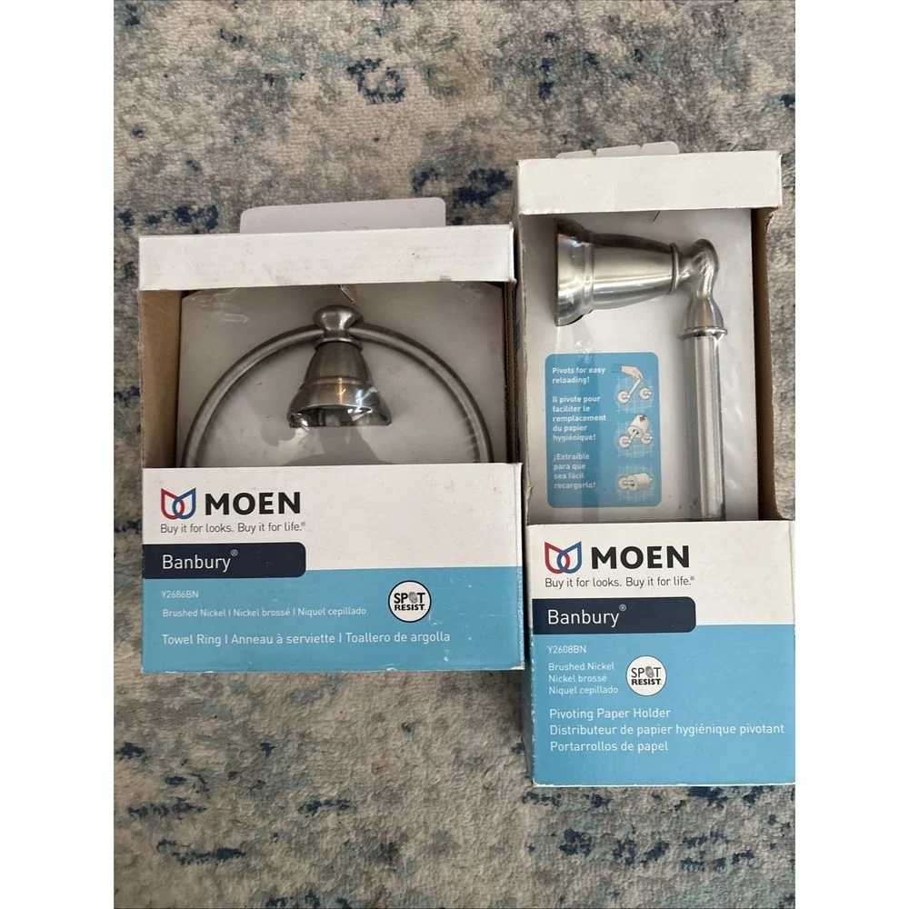 New MOEN Banbury Y2686BN & Y2608BN Towel Ring & Tissue Holder Brushed Nichol